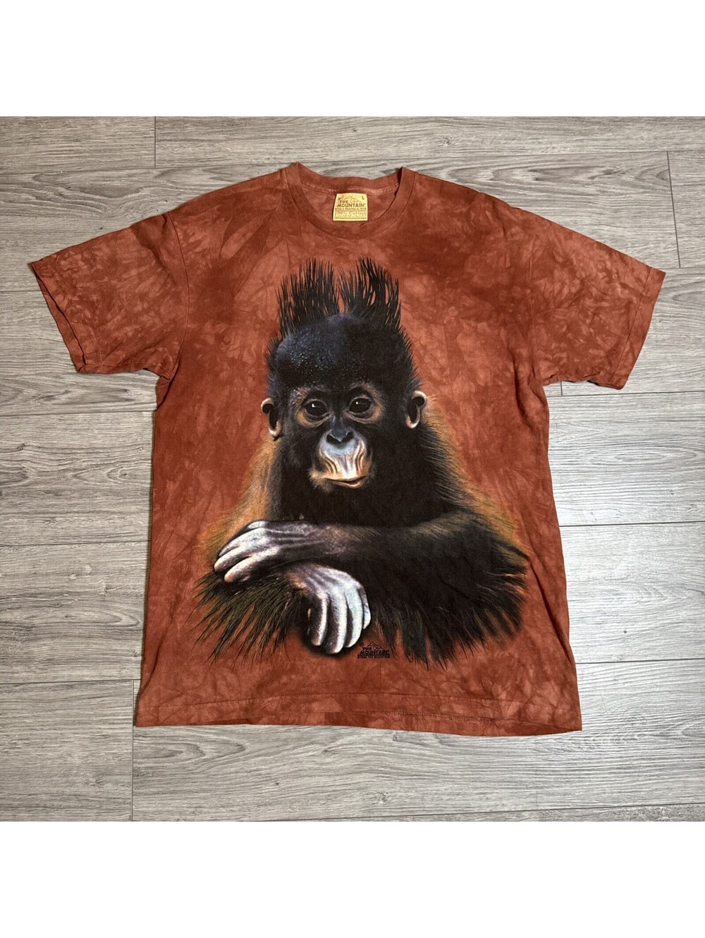 Vintage 1998 The Mountain Baby Chimp Brown Tie Dye Graphic T Shirt Size L USA